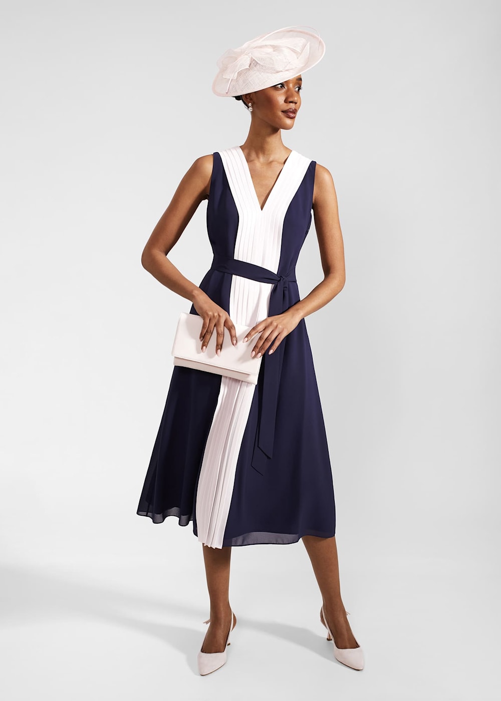 Hobbs Lila Pleated Midi Dress Navy Pale Pink Size 2