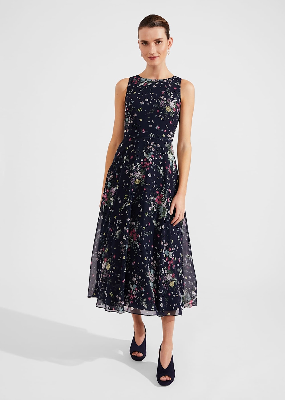 Hobbs Carly Floral Fit and Flare Dress Navy Multi Size 8