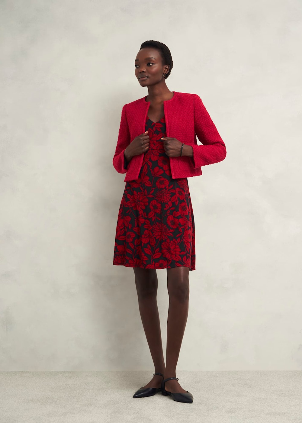 Red dress and black jacket best sale