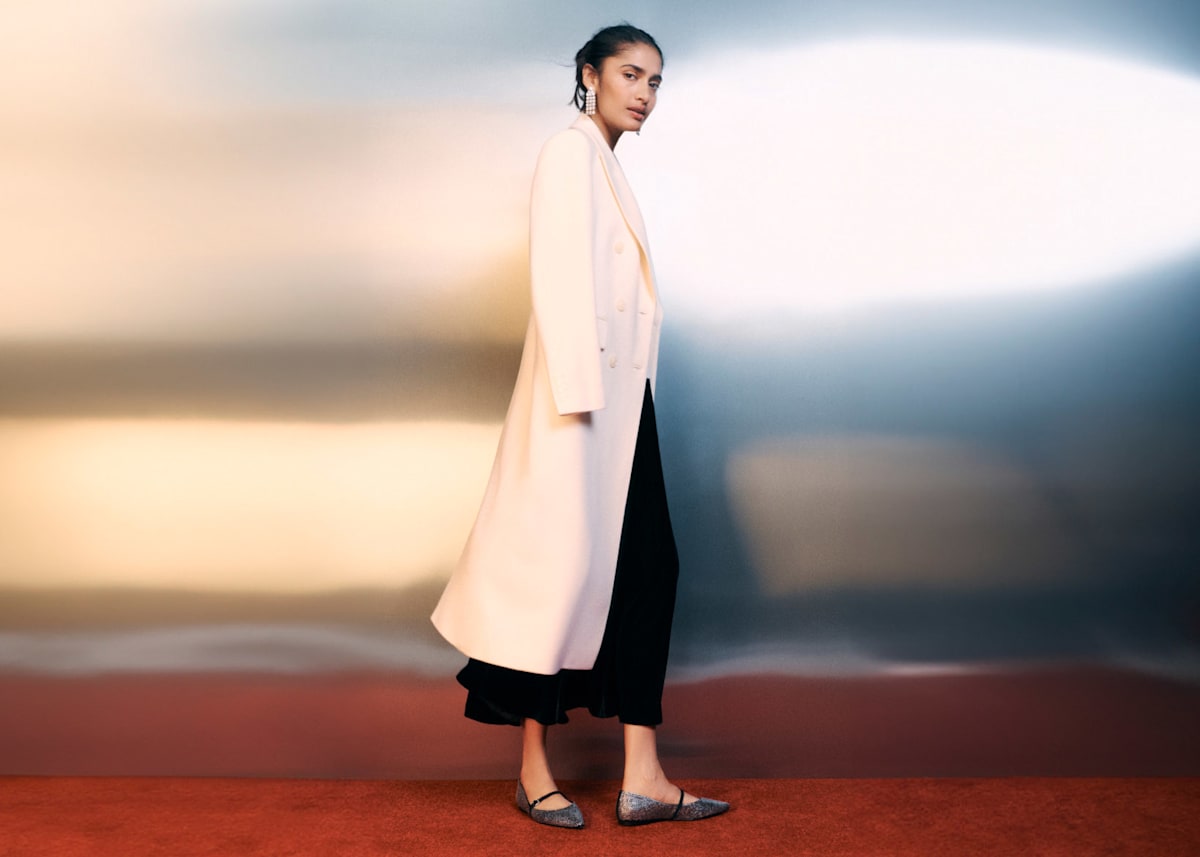 Model photographed in long coat.