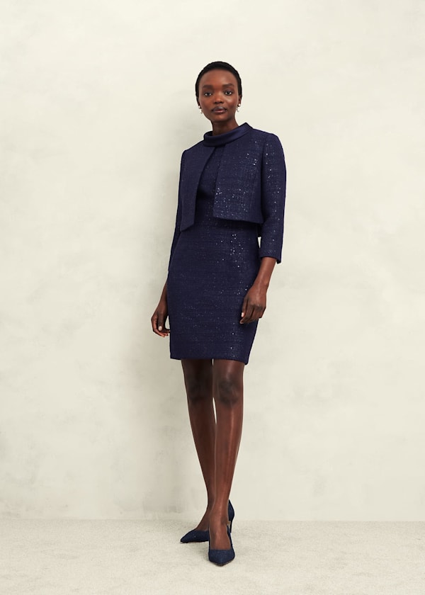 Blue dress and jacket for wedding sales