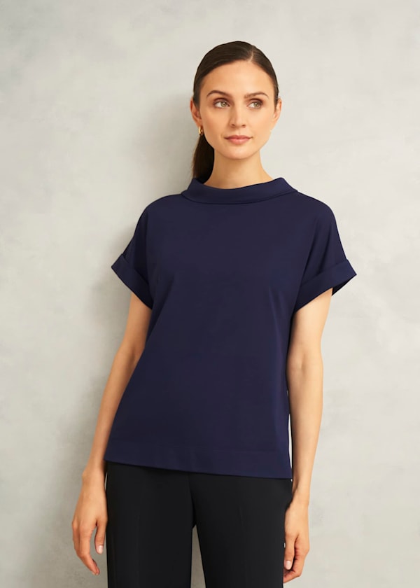 Navy Catriona Cotton Boat Neck Short Sleeve Top