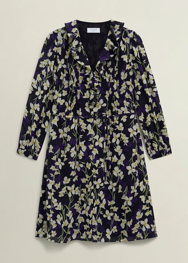 Navy Floral Zoe Dress with Ruffle Neck