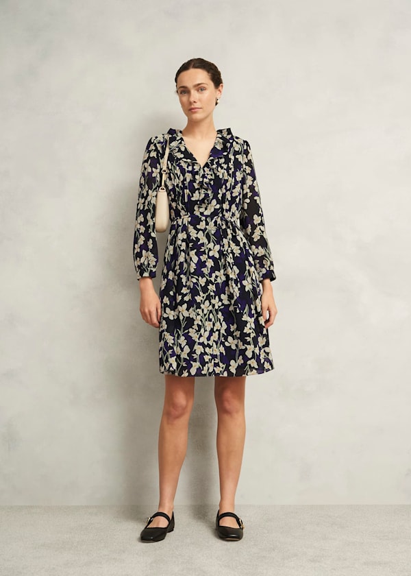 Navy Floral Zoe Dress with Ruffle Neck